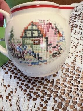 Vintage Crooksville Pantry Bak-In Ware creamer "Petit Point House" pattern.